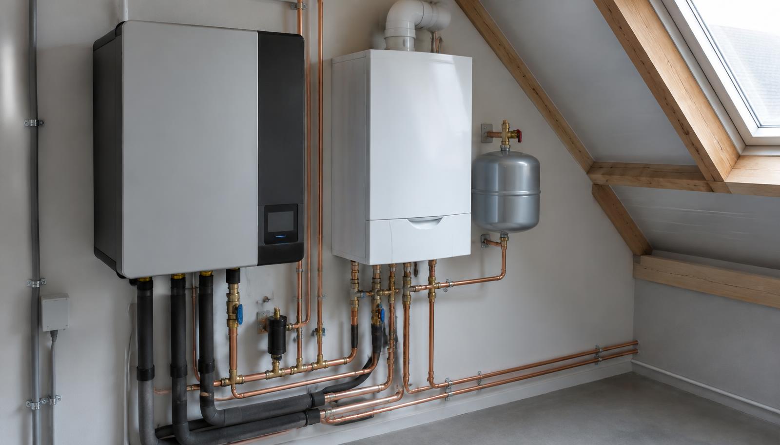 Hybride warmtepomp naast cv-ketel op zolder van een woning in Uithoorn