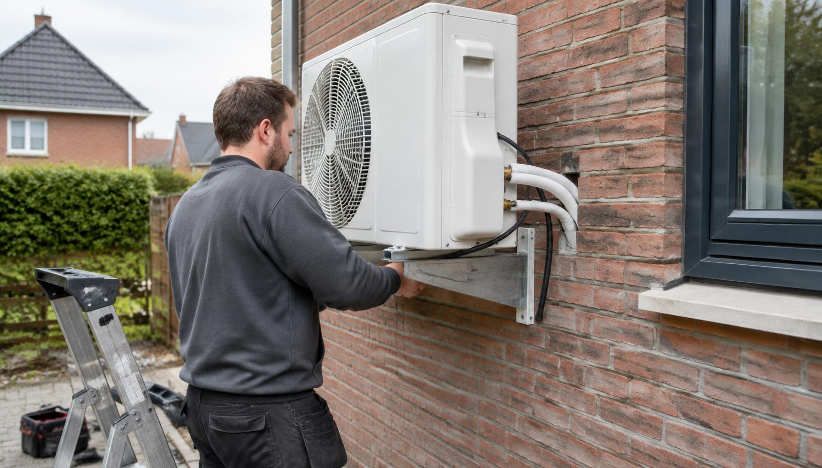 Installateur monteert een nieuwe warmtepomp aan de gevel