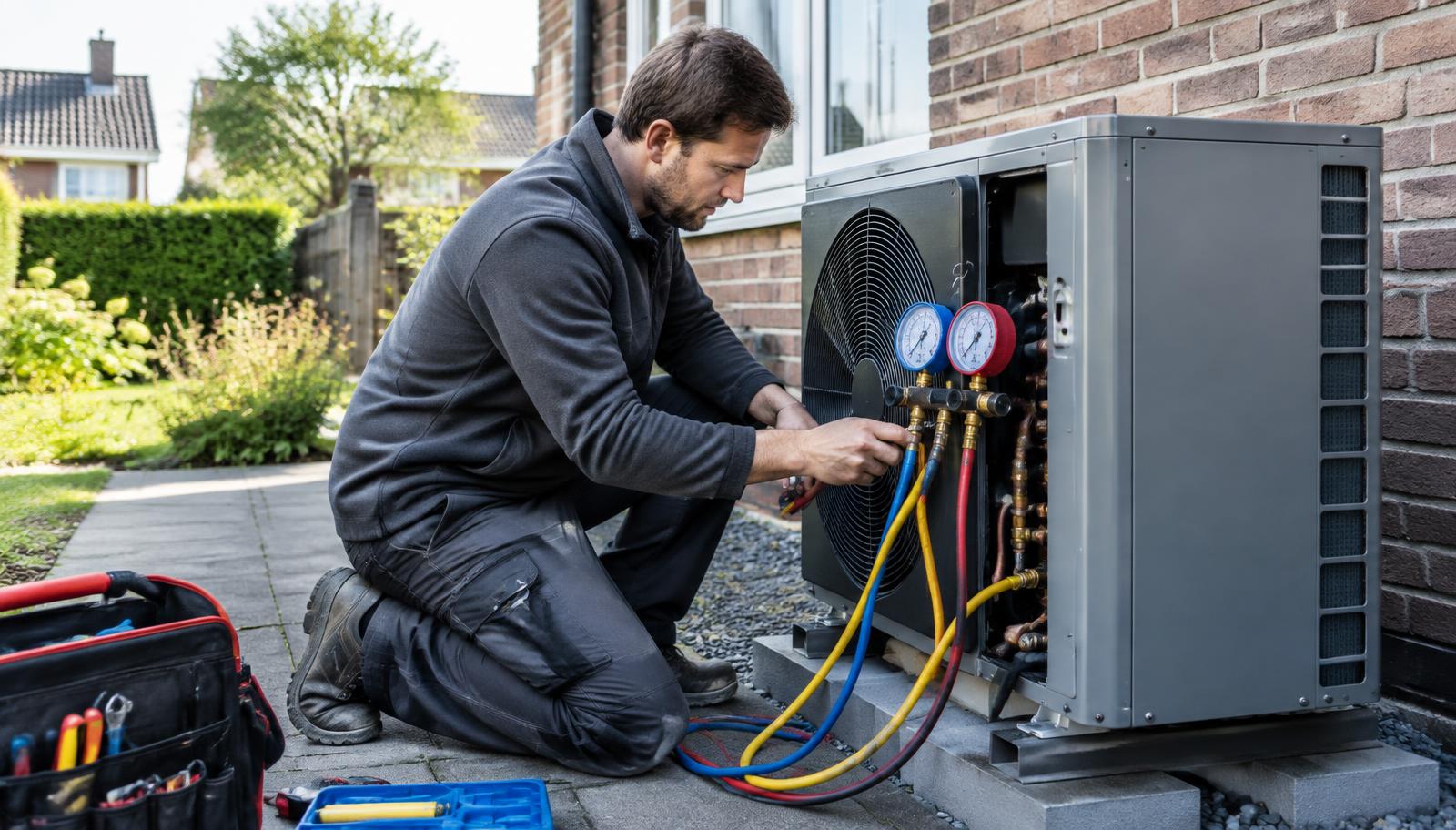 Monteur voert onderhoud uit aan een warmtepomp buitenunit