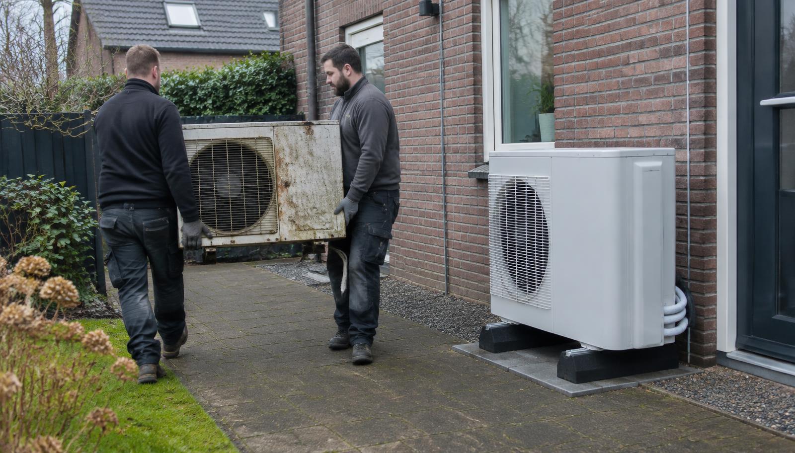 Installateurs vervangen een oude warmtepomp door een nieuwe